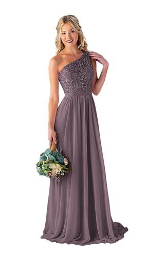 Image of LANGKAAO Women's One Shoulder Bridesmaid Dresses Long for Wedding with Pockets Lace Bodice A-Line Chiffon Formal Party Gown