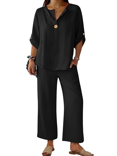 ANRABESS Womens Summer 2 Piece Lounge Sets 3/4 Sleeve V Neck Top Wide Leg Palazzo Pants Set 2026 Beach Travel Outfits Black X-Large
