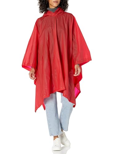Totes Adult Rain Poncho Reusable, Compact & Travel-Friendly, Pullover Hood, Easy Snap, Lightweight, Red