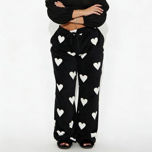 Image of Valentine's Day Flannel Pants Women's Romantic Heart Print Elastic Drawstring Waistband Wide Leg Loose Fit Trousers