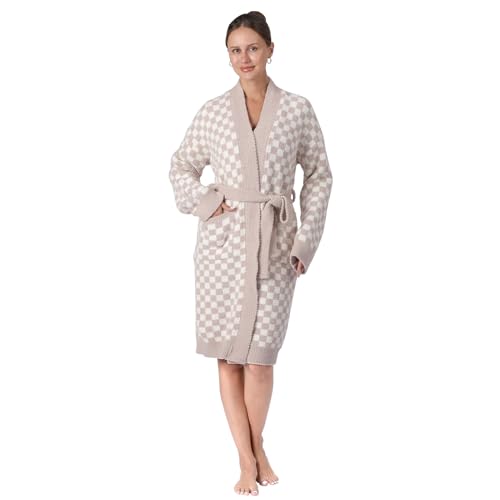 bearberry Checkerboard Robe Cozy Lightweight Soft Plush Robe Hoodless Sleepwear Nightgown with Pockets for Women