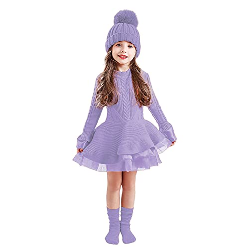 Girls Christmas Sweater Dress Toddler Kids Long Sleeve Solid Color Knit Sweater Dress Casual (Purple, 4-5 Years)2