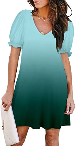 Aloodor Damen Freizeitkleider Kurzarm V-Ausschnitt Kleid mit Taschen, Farbverlauf grün (ohne Taschen), Klein