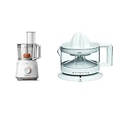 Philips Kompakte Küchenmaschine – 700W, 16 Funktionen, 2.1-Liter-Behälter, Edelstahlmesser (HR7310/00) & Braun Household Tribute Collection CJ 3000 Zitruspresse (20 W, 0,35 l) weiß