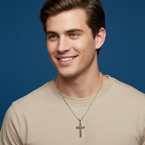 Nautica Black Cross Necklace for Men, Blue Carbon Fiber, 24 Inches Long - image 2