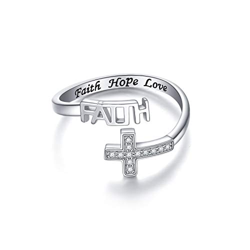 Cross Faith Ring 925 Sterling Silver Engraved Faith Hope Love Faith Sideways Cross Adjustable Ring Gift for Women Girls,Size 7
