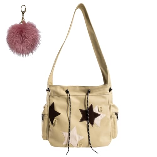 Cute Star Pattern Messenger Bag, Vintage Canvas Drawstring Shoulder Bag, Large Capacity Lightweight Tote Bags for Women