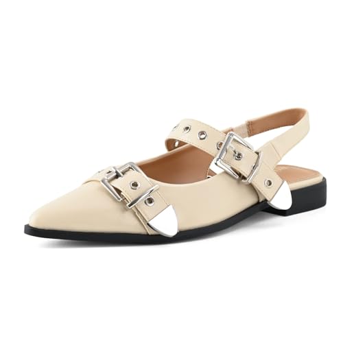 Women's Buckle Ballet Flats Pointed Closed Toe Slingback Shoes with Low Heel Comfortable Dress Flats