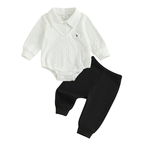 Image of RSRZRCJ Infant Baby Boy Fall Winter Clothes Long Sleeve Lapel Collar Dinosaur Sweater Romper Bodysuit Pants 2PCS Outfits Set