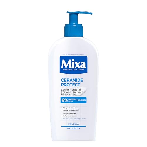 Mixa Loción Corporal Ceramide Protect para pieles muy secas con 5% de [Glicerina + Escualeno + Ceramidas]. Hidrata, fortalece y protege la barrera cutánea. 400 ml.