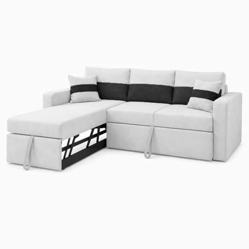 Image of FURNY Soria 4 Seater LHS Lounger Sofa Cum Bed (Light Gray - Black) with Pull-Out Function | Luxury Velvet Suede Finish | Durable Comfort | Ideal for Living Room