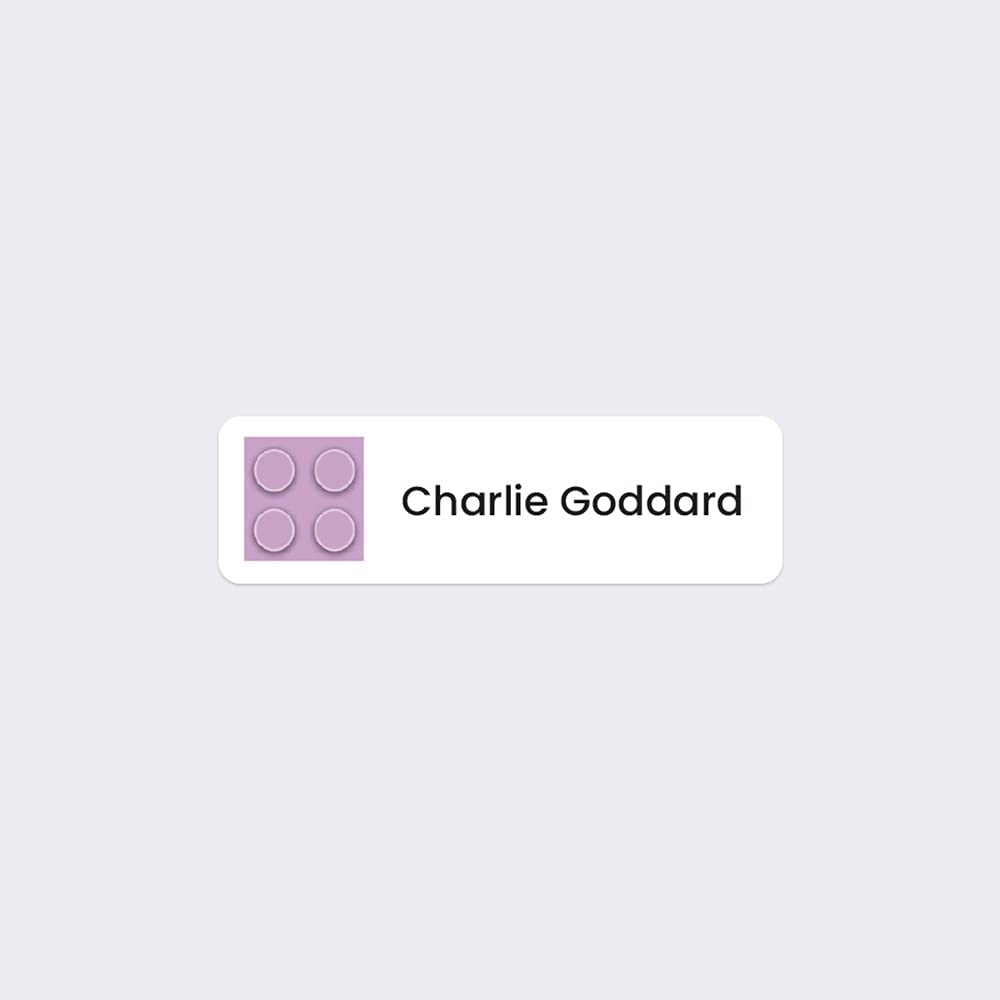 64 x No Iron Personalised Stick On Waterproof Washable Name Labels Great for Clothes, School Uniform, Equipment, Shoes and Much More. School, Nursery, Day Care, Hospital - Building Block - Purple