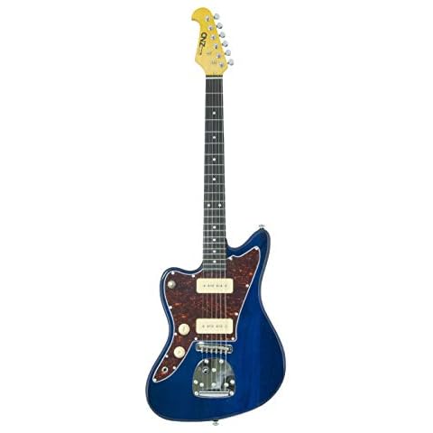CNZ Audio JM Electric Guitar - Left Handed - Transparent Midnight Blue, Amber Maple Neck, Rosewood Fingerboard, Ivory Pickups & 3ply Tortoise Pickguard Cover
