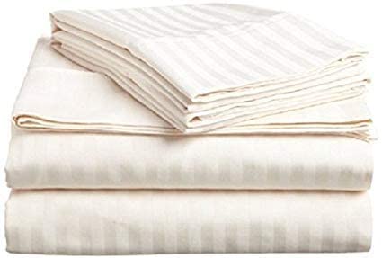 LUXURIOUS BEDDING 800-Thread-Count Egyptian Cotton Wrinkle Resistant 25" Deep Pocket 4 PC Sheet Set (1 Fitted + 1 Flat + 2 Pillow Cases) Double Size Ivory Striped — image 1