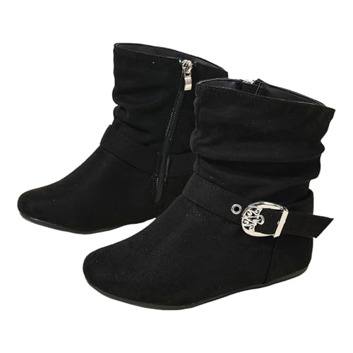 Ankle Boots for Girls Kid's Buckle Zipper Flat Heel Mid Calf Slouchy Boot Slip On Casual Boots Round Toe Non Slip Riding Boot for Fall Winter Spring Outdoor