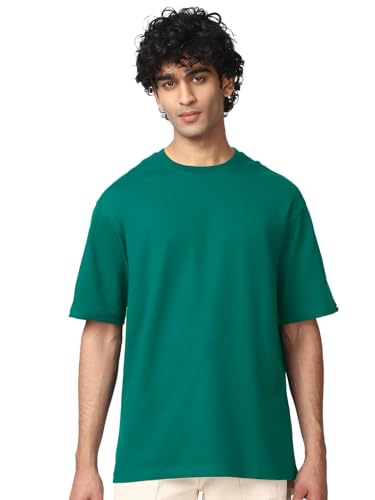 Image of Bewakoof Men's Cotton Solid Super Loose Fit Half Sleeve Round Neck T-Shirt | Casual Wear | Street Wear | Oversized t Shirt for Men Cotton| Baggy
