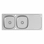 SÄUBER® 1180 x 480mm Stainless Steel Kitchen Sink 2.0 Double Bowl Inset Drop in Installation, Right Hand Drainer, 18/8 Grade Steel Sinks, Free Basket Strainer Waste