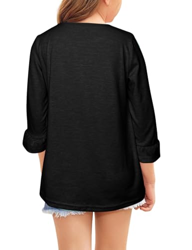 Image of Girls Summer 3 /4 Length Sleeve Tops Casual Cute Shirts Ruffle Bell Sleeve Front Pleated Blouses