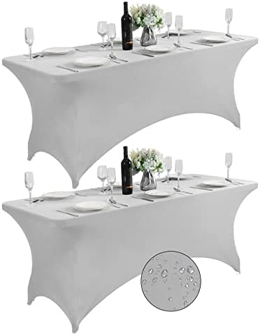 SUPERO 2Pack Waterproof Spandex Table Cover for 6FT Table Universal Fitted Stretch Tablecloth for Party, Banquet, Wedding and Events-Silver