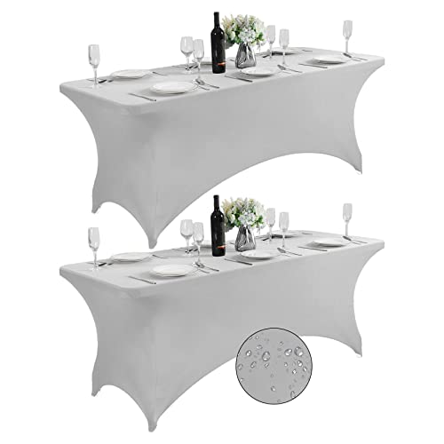 Supero 2Pack Waterproof Spandex Table Cover For 6Ft Table Universal Fitted Stretch Tablecloth For Party, Banquet, Wedding And Events-Silver #TOP3