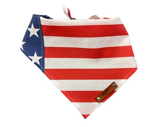 Pet Dog Bandana, July 4th Independence Day, Leather Name Tag, Personalized Name, Bandanas for Dogs, Personalized Dog Bandana (Sizes: XXSmall - XXLarge)