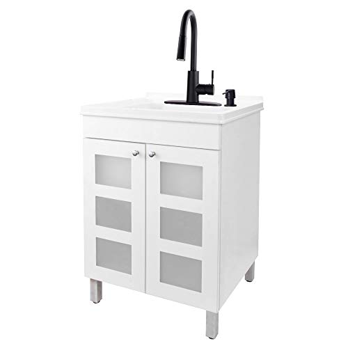 Js Jackson Supplies Utility Sink With White Vanity Cabinet, Black High-Arc Pull-Down Sprayer Faucet, Soap Dispenser And Spacious Vanity For Laundry Room #TOP17