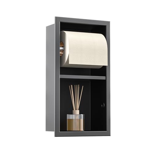 Bernkot Recessed Toilet Paper Holder, Double Roll Toilet Tissue Holder for Bathroom Remodel, in Wall Toilet Paper Niche Modern Style (Matte Black)