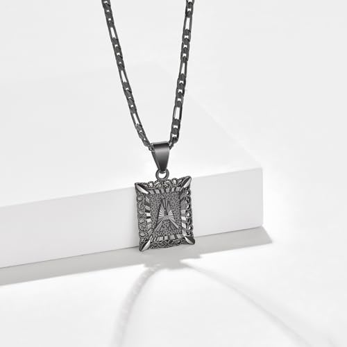 KissYan Letter Initial Pendant Necklace for Men Women, 18K Gold Plated Square Capital Monogram Necklace Alhpabets by A-Z Figaro Chain Necklace