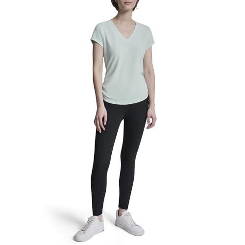 Image of DKNY Women's Short Sleeve V-Neck Tech Ruched Side Seam Active T-Shirt