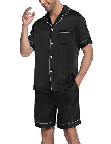 Image of Ekouaer Mens Satin Pajamas Set Button-Down Short Sleeve Shirt Top Soft Silk Sleepwear Shorts with Pockets