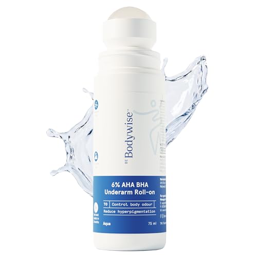 Image of Be Bodywise 6% AHA BHA Underarm Roll On 75ml | 4% Lactic Acid, 1% Mandelic Acid, 1% Salicylic Acid | Controls Odour & Reduces Pigmentation for even tone skin | 0% Alcohol & 0% Aluminium | Aqua Fragrance