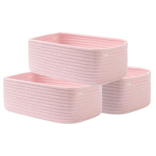KALLAX Small Woven Basket, 12 x 8 x 4.5 Inches, Storage Basket for Organizing, Cute Small Rope Shelf Closet Cube Storage Bins Baskets for Shelves, Dog Toy Gift Baskets Empty, 3 Pack Light Pink
