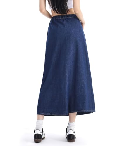 chouyatou Women's Y2k Irregular Denim Skirt High Elastic Waist Pleated A-Line Midi Long Jean Skirt4