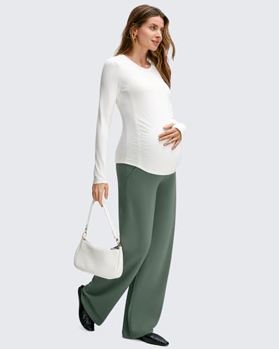 Image of G4Free BareFeel Maternity Pants Over the Belly Pregnancy Trousers for Work | High Waist Coverage,Two Side Pockets,Wide Leg Design,Soft Knit Fabric,for Dress Casual Yoga