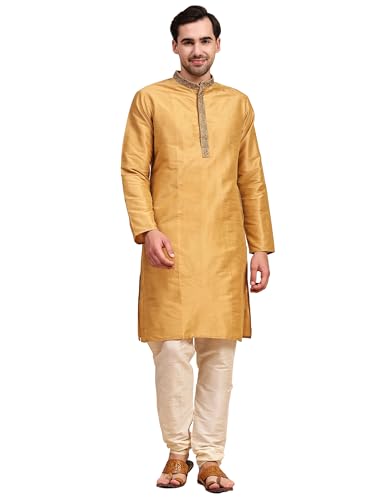 Image of SKAVIJ Men's Art Silk Embroidered Kurta Pajama Set Thread Work Ethnic Motifs Festive Party Dress