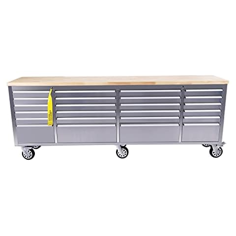 SINDA 96 Inch 24-Drawers Rolling Tool Chest with Drawers Tool Box with Wheels Mobile Tool Storage Cabinet with Wooden Top, Lockable, Storage Drawers, Satinless Cover