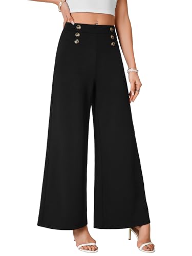 LYANER Women's Casual Wide Leg Pants High Waist Elastic Side Zipped Palazzo Business Trousers with Button Decorated4
