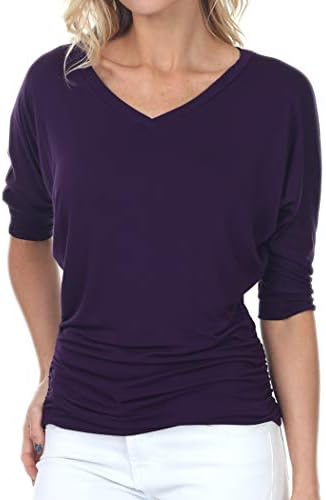 iliad USA 7006 Womens V Neck Dolman Top 3/4 Sleeve Side Shirring, Eggplant, Large
