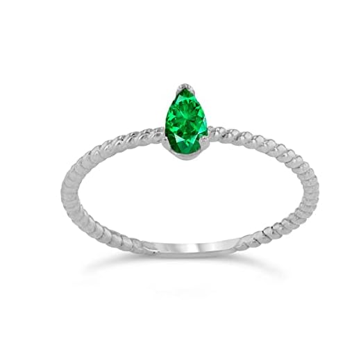 Anillo de cuerda con esmeralda auténtica en forma de pera para mujer con oro blanco de 9 quilates