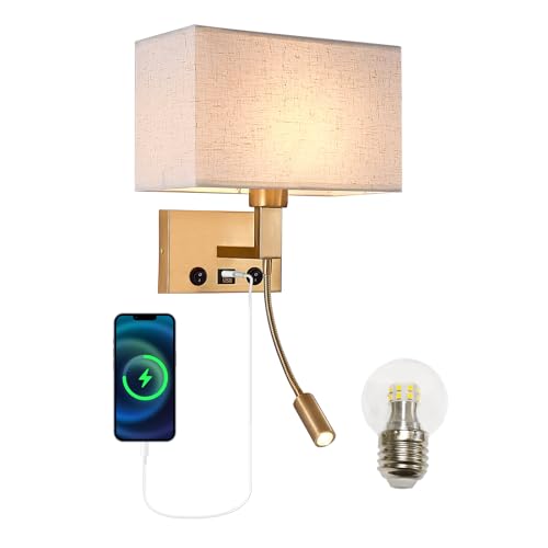 Image of Bedroom Wall Sconces, Hardwired Wall Lamp with USB and Reading Lamp Fabric Shade Bedside Wall Lights with Reading Lamp for Bedroom Living Room Hotels Corridors (Brass)