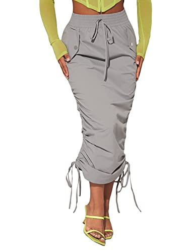Verdusa Women's Y2K Drawstring Ruched Elastic Waist Long Cargo Skirt with Pocket