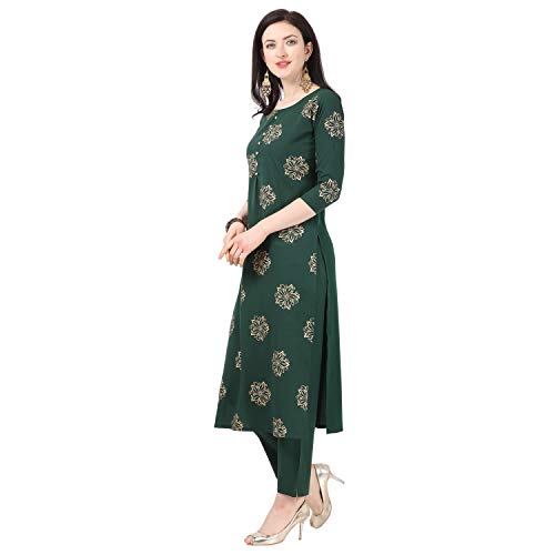 Image of NAINVISH Women's Crepe A-Line Kurti with Pant (SD033-L Green Large)