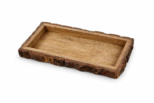 Image of Rustic Wooden Serving Tray with Natural Bark Edges | Handmade Solid Wood Tray | Multipurpose Snack, Tea & Decor Tray | Natural Brown Finish