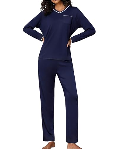 Demegimi Pijama Mujer Algodón Largo Pijamas Mujer Invierno Conjunto de Camiseta de Manga Larga y Pantalón Largo S XXL