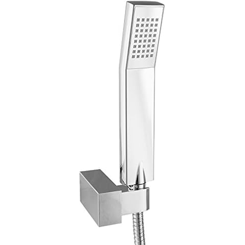 PaulGurkes Handbrause Duschkopf flach aus ABS verchromt eckig mit Halterung für Handbrausen verstellbarer Winkel und Metall Brauseschlauch 150cm Cover