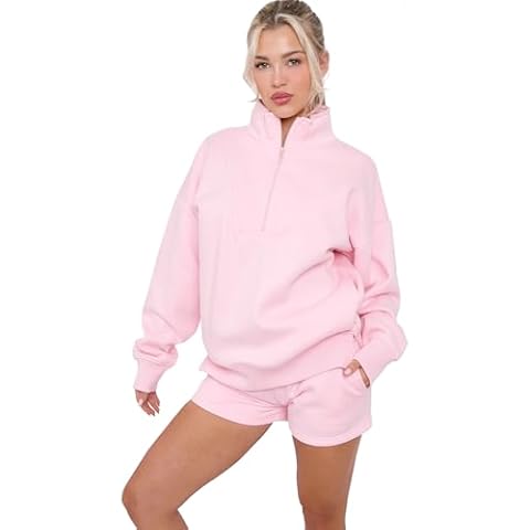 kraftd Women 2 Piece Outfits Sweatsuit Oversized Half Zip Collared Sweatshirt & Short Set Lounge Wear Tracksuit Sets Cover
