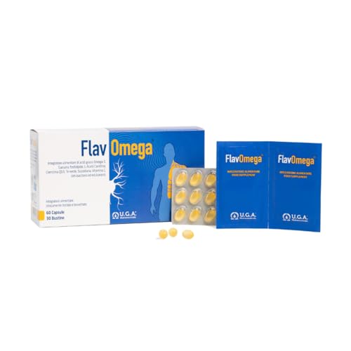 FlavOmega Omega 3 EPA e DHA con Acetil L Carnitina e Curcuma - Integratore per Cervello, Muscoli, Cuore e Vista con Tè Verde e Vitamina C - 60 capsule e 30 bustine