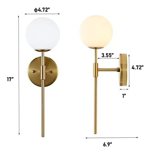 BYOLIIMA Gold Wall Sconce Set of 2 with White Globe Glass Shades Modern Mid Century Bathroom Vanity Wall Light Fixtures Industrial Brushed Brass Wall Lamp for Bedroom Mirror Living Room Restaurant by BYOLIIMA - Used condition - Image 4