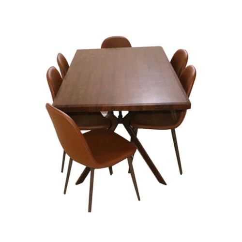 سفرة من 7 قطع، طقم طاولة وكرسي عصري بتصميم منتصف القرن للمنزل والشقة مع 6 كراسي بمقاعد جلدية وأرجل معدنية من ساهابا
