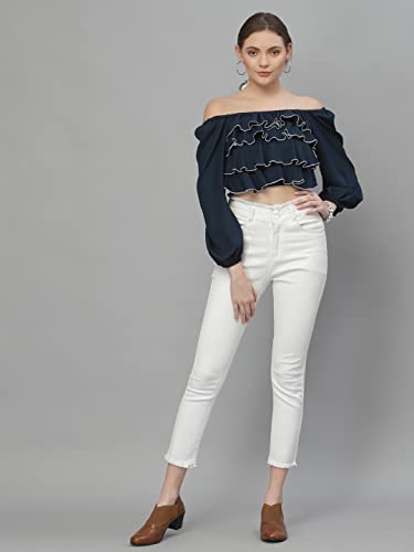 Image of Style Quotient Women Navy Blue Off-Shoulder Bardot Crop Top